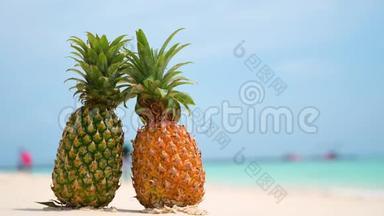 在<strong>烈日</strong>下，海边的沙滩上摆放着菠萝眼镜，为夏季树立了概念